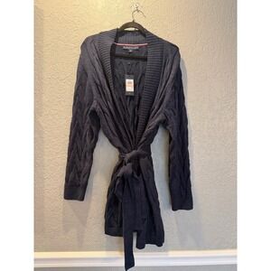 Tommy Hilfiger Womens 2X Navy Blue Metallic Cable Knit Belted Cardigan WOXX0691